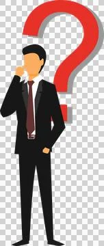 Businessman stands in front of big question mark Stock Illustration