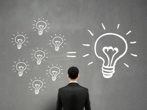 Businessman stands in front of bulbs elements Stock Illustration