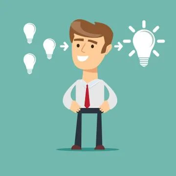 Businessman stands in front of bulbs elements Stock Illustration