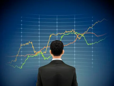 Businessman stands in front of forex chart Stock Illustration