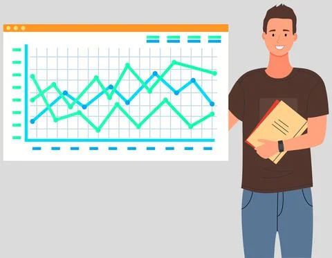 Businessman stands in front of screen with chart. Man conducts analytics of Stock Illustration