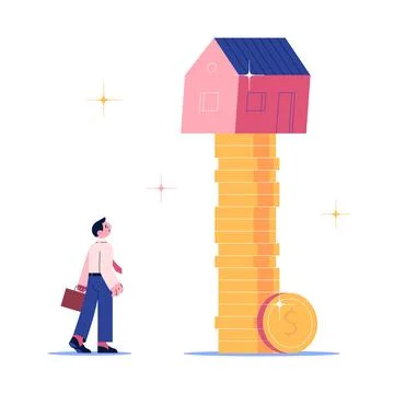 A businessman stands in front of a stack of coins with a house on it. Increas Stock Illustration