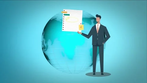 A businessman stands holding a note in front of a rotating earth Stock Footage 282381937