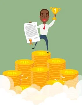 Businessman stands on large stack of coins. Stock Illustration