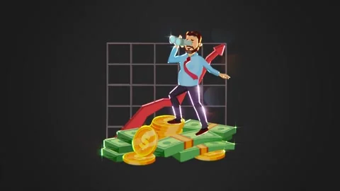 Businessman Stands on Wealth with Progress Chart and Binoculars for Goals Vídeos de archivo 295655313
