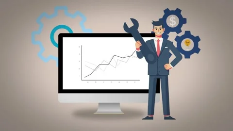 A businessman stands with a wrench next to a computer with charts Stock Footage 286174686