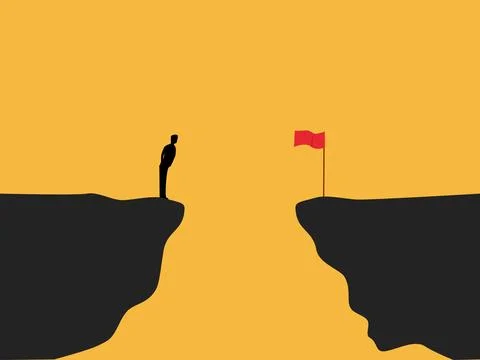 Businessman stood on a cliff edge, looking at the red flag Stock-Illustration