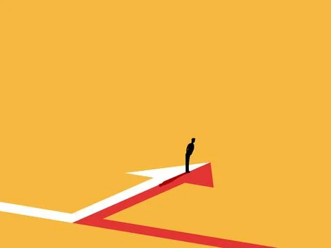 Businessman stood observing at the point where the arrows converged Stock Illustration