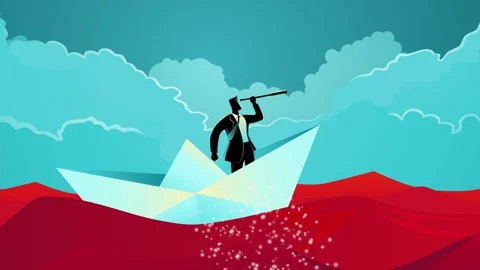 Businessman struggle to wade through the red sea with paper boats Stock Footage 277409653
