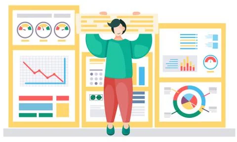 Businessman submits a progress report. Character standing at big posters with 스톡 일러스트