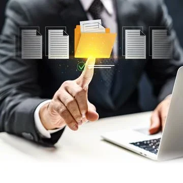 A businessman in a suit interacts with a virtual interface to manage digita.. Stockfoto's