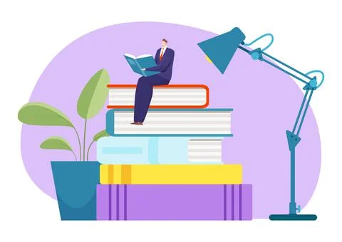 Businessman in suit sitting book stack, tiny male read textbook obtain knowledge イラスト素材