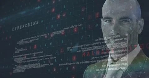 Businessman in suit surrounded by digital code, symbolizing cybercrime threat イラスト素材
