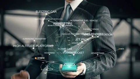 Businessman with Supersonic Transport hologram concept Stock Footage