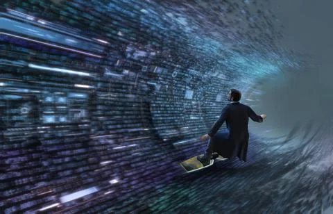 Businessman surfing binary code wave Stock Photos