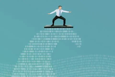 Businessman surfing on binary codes ocean waves Stock Photos
