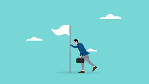 Businessman surrender while holding a white flagpole vector illustration Stock Illustration