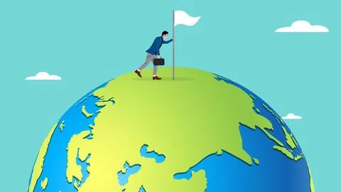 Businessman surrender while holding a white flagpole on a globe vector illu.. Stock Illustration