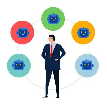Businessman surrounded by circle of artificial intelligence agent icons Stock Illustration