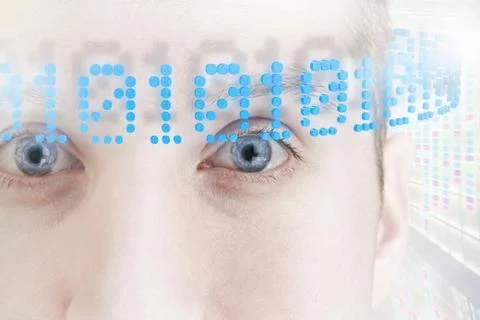 Businessman surrounded by ring of binary code Foto stock