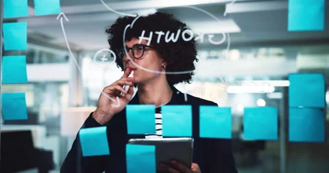 Businessman, tablet and writing for mindmap with brainstorming, sticky notes and Stock Footage 294861577