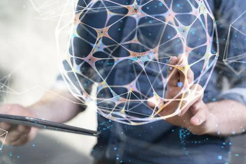 Businessman with a tablet tapping on a digital render of a global network Stock Photos