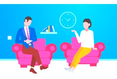 Businessman taking notes asking questions and listening to candidate woman Stock Illustration