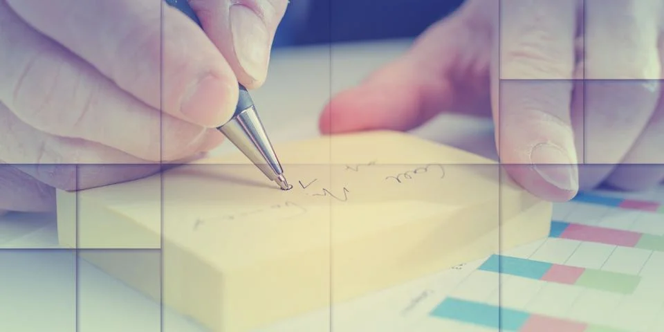 Businessman taking notes, geometric pattern 스톡 사진