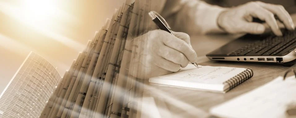 Businessman taking notes on notebook; multiple exposure 스톡 사진