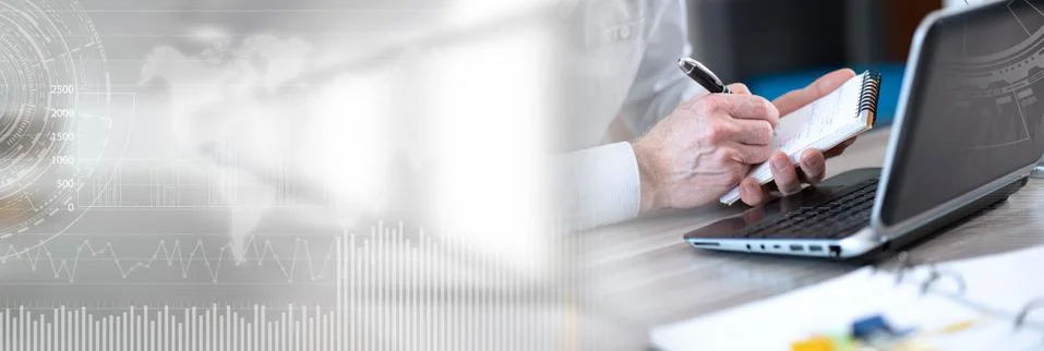 Businessman taking notes on notebook; panoramic banner Stock Photos