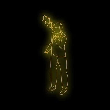 Businessman talking and gesturing with speech bubbles, isometric neon style.. Stock Illustration