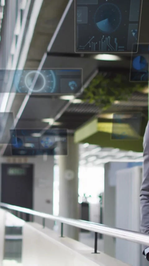 Businessman talking on phone with digital data animations floating around him Stock Footage 344244781