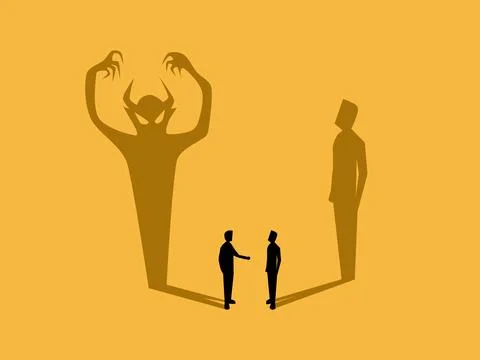 Businessman talking to someone with a demonic shadow, concept of deception Stock Illustration