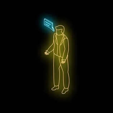 Businessman talking with speech bubble in neon style isometric view Illustration