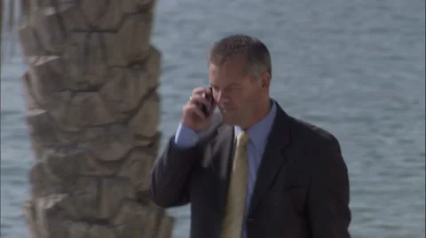 A businessman talks on his phone while walking near a lake. Video stock 46867715