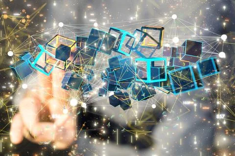 Businessman tapping on a digital render of a floating connected cube network Foto stock