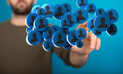 Businessman tapping on a floating render of a network of interconnected profile Stock Photos