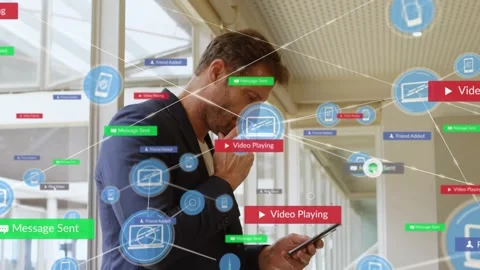 Businessman tapping smartphone in corridor, testing social app with chat, media Stock Footage 328300540