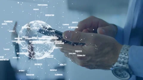 Businessman tapping smartphone in office, 3D globe growing toward phone showing Stock Footage 335234827