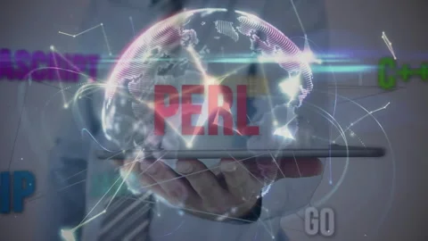 Businessman tapping tablet screen showcasing animated globe with programming Stock Footage 313724546