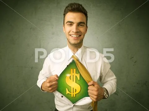 Businessman tearing off his shirt with dollar sign on chest Stock Photos