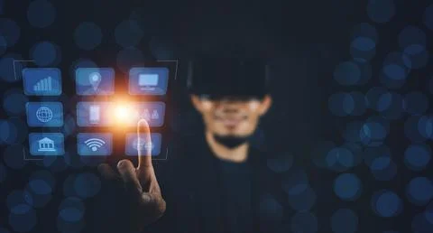 Businessman with technology visual screen connection to metaverse control for Stock Photos