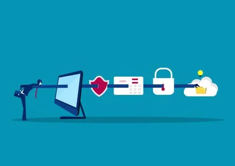 Businessman thief data from computer laptop, blue background Illustrazione stock