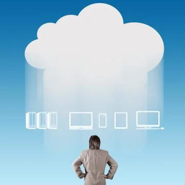 Businessman thinking about cloud network idea Illustrazione stock