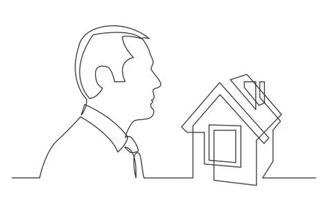 Businessman thinking about house market - continuous line drawing Illustrazione stock