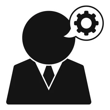 Businessman thinking about work process with gear icon in speech bubble Illustrazione stock