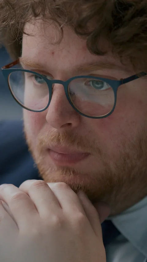 Businessman Thinking and Analyzing Information on Computer Screen Stock Footage 331558006