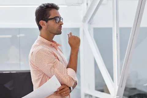 Businessman, thinking and planning with reflection for project, ideas or sc.. Stock Photos