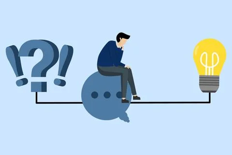 Businessman on thinking bubble connect question mark to lightbulb solution Stock Illustration