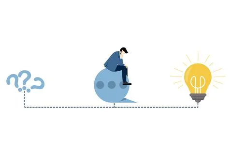 Businessman on thinking bubble connect question mark to lightbulb solution Stock Illustration